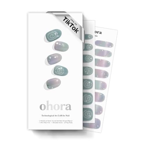 ohora Semi Cured Gel Nail Strips (N Milky Swirl) - Works with Any Lamps, Salon-Quality, Long Lasting, Easy to Apply & Remove - Includes 2 Prep Pads, Nail File & Wooden Stick