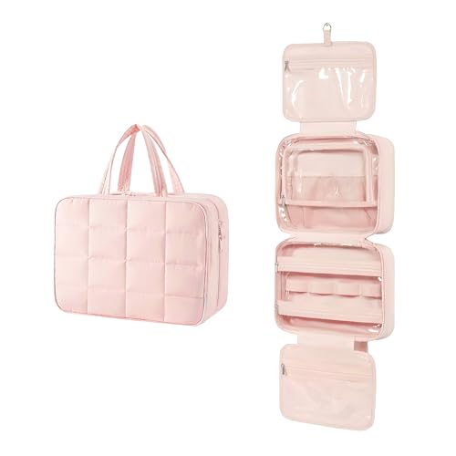 Travel Toiletry Bag for Women,Portable Hanging Makeup Organizer with Jewelry Organizer,Cosmetic Travel Bag for Toiletries,Full Sized Shampoo,Conditioner,Pink