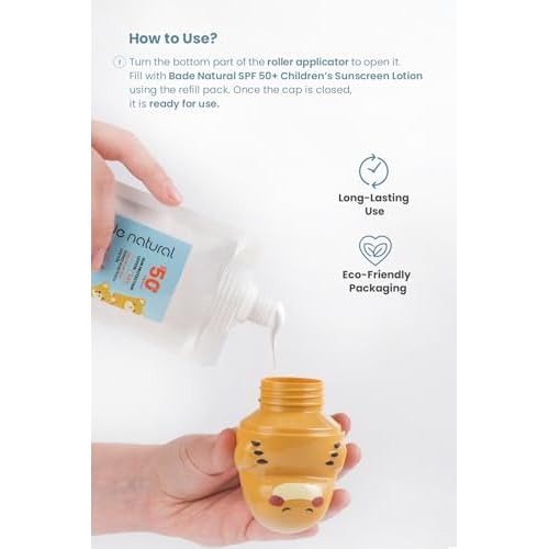 Bade Natural Refillable Cat-Shaped Sunscreen Applicator for Kids ? 3.7 fl oz (110 ml) Roll-On Bottle ? Empty, Reusable Dispenser for SPF Lotion ? Soft Applicator Tip, Travel-Friendly