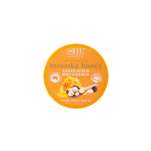 Om SHE Aromatherapy Manuka Honey Sugar Scrub with Macadamia 15.87oz - Exfoliating Body Scrub, Natural Sugar, Micro Bead Free, Rosehip Oil. Australian made.