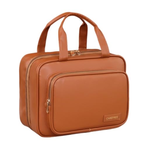 Waterproof Leather Toiletry Bag for Women, Hanging Travel Toiletry Bag with Hanging Hook, Large Travel Makeup Bag Cosmetic Organizer for Toiletries, Bathroom Shower, Makeup Accessories (Brown)