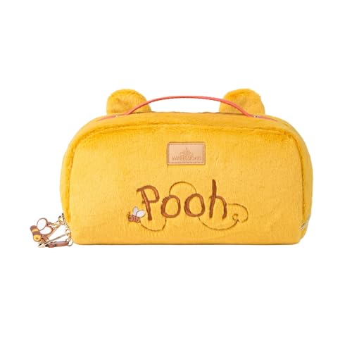 Impressions Vanity Winnie The Pooh Unfold Travel Makeup Bag with Embroidered Face Details, Middle Zipper Divider and Lined Interior, Gold Hardware Makeup Organizer, Travel Bag with Leather Top Handle