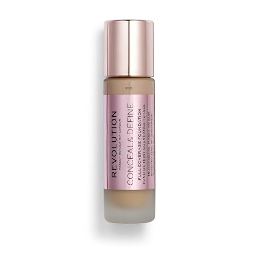 Revolution Beauty London, Conceal & Define Foundation, Full Coverage, Long-Lasting Matte Finish, Vegan & Cruelty-Free, F10 Medium Skin Tones, 0.8 fl oz