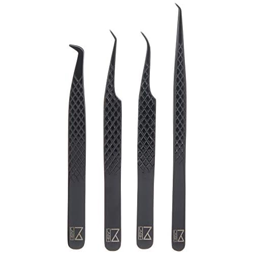 M LASH Tweezers for Eyelash Extensions (Set of 4) - Professional Lash Extension Tweezers - Fiber Tip, Japanese Steel, Diamond Grip Eyelash Extension Tweezer (Black)