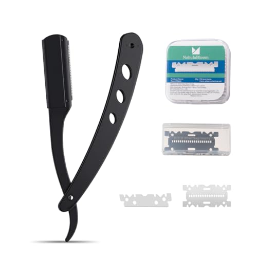 NebulaBloom Professional Safety Barber Straight Edge Razor with Stainless Steel Protector Net and 100 Stainless Steel Blades, Smooth Shaver for Salon and Home