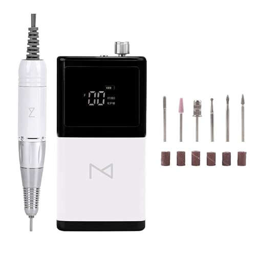 M - E-ZDrill Rechargeable Electric Nail Drill, 35k RPM, Smart Speed & Battery LCD, Portable Lightweight, Forward/Reverse, Aluminum Metal, Acetone Resistant Nail Drill (White)
