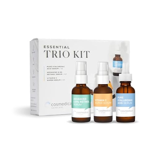 Cosmedica Skincare Facial Serum Trio Set Value for Clear Skin - Vitamin C Super Serum, 2.5% Retinol Serum, Pure Hyaluronic Acid Serum ? Vegan, Cruelty-Free Skincare 3 pack