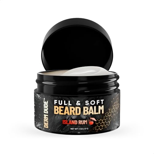 Derm Dude Full and Soft Beard Balm for Men ? Conditioning Balm with Natural Oils for Growth, Softness & Styling ? Tames Frizz, Hydrates Skin ? Non-Greasy - Island Rum, 2oz