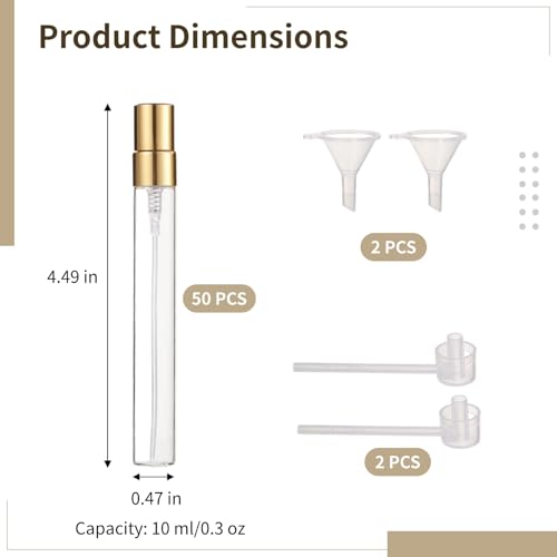 50 Pcs 10 ml Perfume Bottles - Refillable Glass Mini Spray Bottles, Portable Travel Sample Containers, Fine Mist Atomizers with Caps, Includes 2 Funnels and 2 Dispensers, Ideal for Liquids, Gold