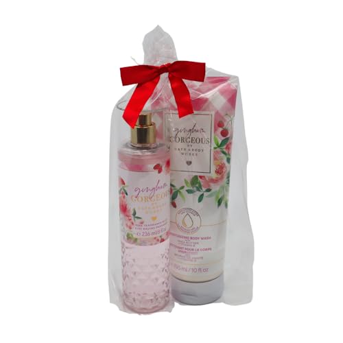 Bath & Body Works GINGHAM GORGEOUS Fine Fragrance Mist & Moisturizing Body Wash 2-piece Gift Set with a Red Bow for Holiday ? Full Size