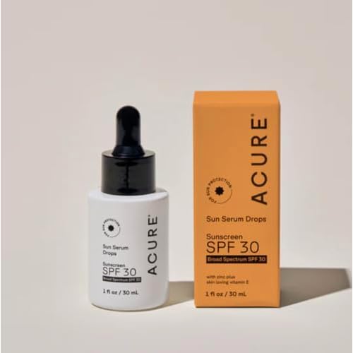 Acure Sun Serum Drops SPF 30 - Hydrating Sunscreen Serum with Broad-Spectrum Protection, Skincare for Beauty Glow, Light & Sheer UV Shield, Use with Makeup, Travel Size, Sulfate Free, Vegan - 1 fl oz