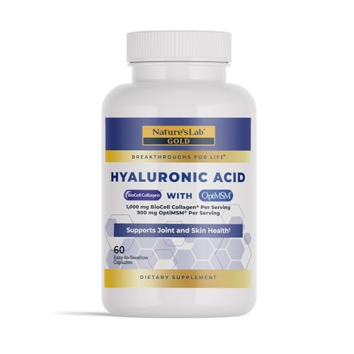 Nature's Lab Hyaluronic Acid with Biocell Collagen and MSM - Skin Hydration, Joint Health - 60 Capsules (20 Day Supply)