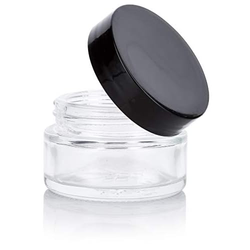 Clear Glass 0.50 oz / 15 ml Low Profile Thick Wall Balm Jars (6 pack, Black Smooth Foam Lined Lids)