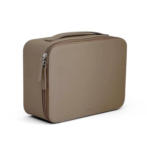 MELINE Leather Makeup Bag with Brush Holder,Travel Cosmetic Case for Women,Large Capacity Waterproof Toiletry Bag with Handle,Stylish and Durable Makeup Organizer (Taupe)