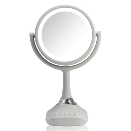 Homewerks 76-101-BT 7.5-inch Personal Makeup Mirror with Bluetooth Speakers and LED Lighting, Handheld Bluetooth Vanity Mirror with Lights for Bathrooms, Bedrooms, or Dorm Room Essentials