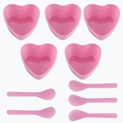 5 Sets Plastic Heart Shaped Facial Mask Mixing Bowl, Pink Facemask Bowl DIY Skin Care Mixing Tool Kit with Spatulas for Mud Masks, Home Salon, and Beauty Salon Use, Face Mask Applicator Tool(5 Pcs)