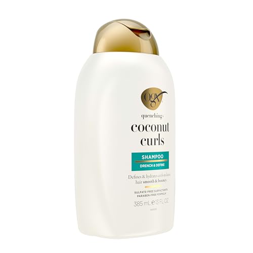 OGX Quenching + Coconut, Curl-Defining Shampoo, Hydrating & Nourishing Curly Hair Shampoo with Coconut Oil, Citrus Oil & Honey, Paraben, Sulfate-Free Surfactants, 13 floz