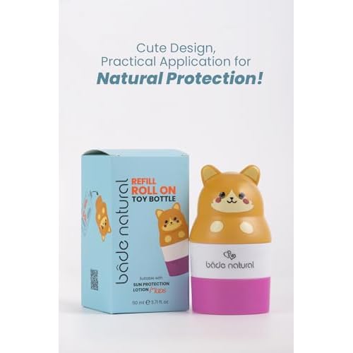 Bade Natural Refillable Cat-Shaped Sunscreen Applicator for Kids ? 3.7 fl oz (110 ml) Roll-On Bottle ? Empty, Reusable Dispenser for SPF Lotion ? Soft Applicator Tip, Travel-Friendly