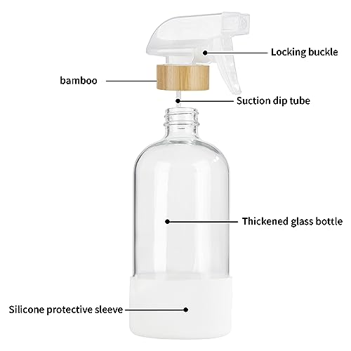 HOMBYS Empty Bamboo Glass Spray Bottles with Silicone Sleeve Protection - Refillable 17 oz Clear Glass Containers for Cleaning Solutions, Essential Oils, Misting Plants - Quality Sprayer - 3 Pack