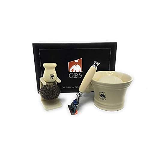 G.B.S Men's Grooming Kit - 5 Blade Ivory Razor, Ceramic Mug, Glycerin Soap, Shaving Brush, Stand Ultimate Includes 1 Blade