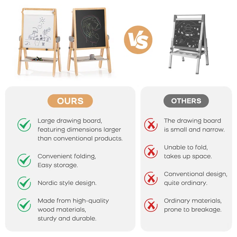 Kids Wooden Art Easel with Magnetic Whiteboard & Storage - Adjustable & Foldable