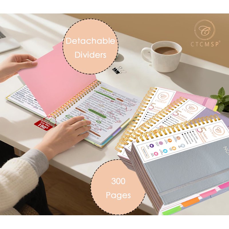 5 Subject Leather Hardcover Spiral Notebook with Removable Dividers - A5 College Ruled Organizer