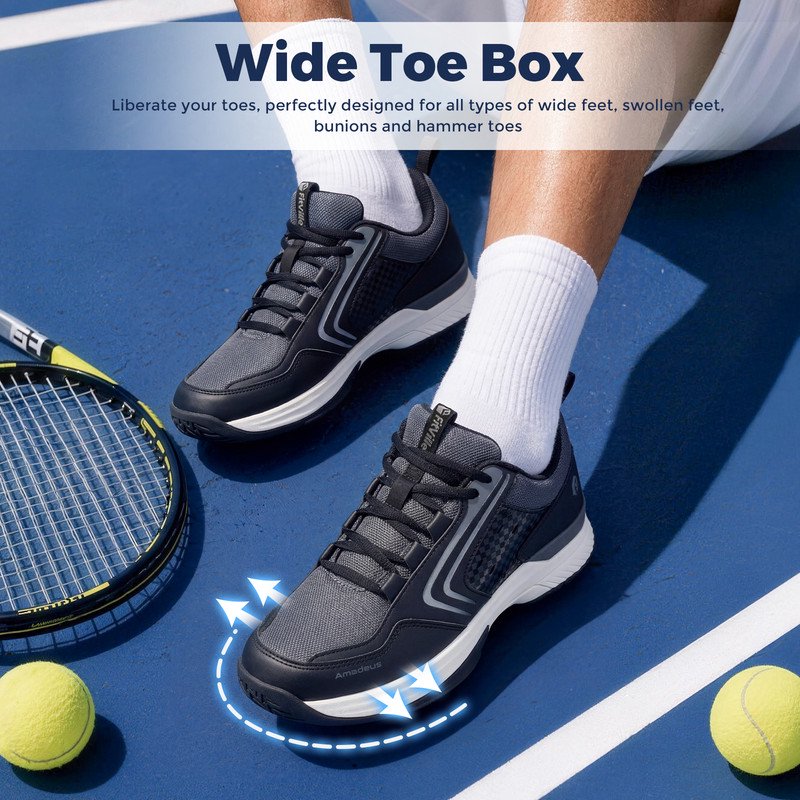 Men's Athletic Tennis & Pickleball Shoes Wide Toe & Arch Support Indoor Outdoor