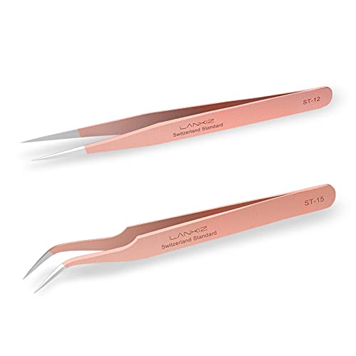 Lash Tweezers for Eyelash Extensions, Lankiz Eyelash Tweezers for Lash Extensions Stainless Steel Straight and Curved Volume Lash Tweezers Set Kit (2PCS-Rose)