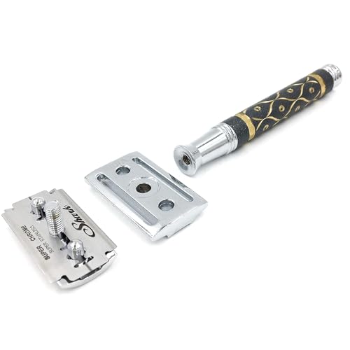 Parker 65R Super Heavyweight Double?Edge Safety Razor ? Sandstone?Textured Brass Handle for Precise Grip & Control, 4" Long Handle ? Includes 5 Premium DE Blades