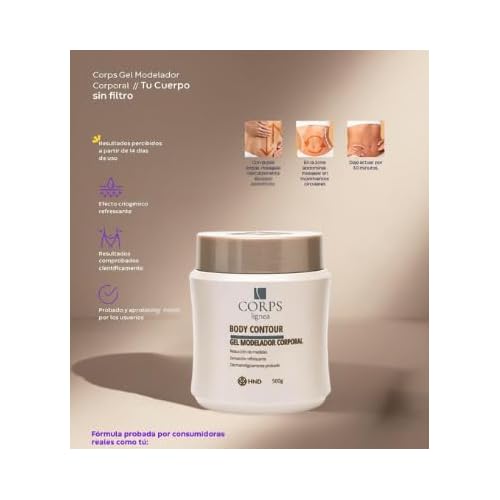 Excelente reductor y anticelulitis Body Contour Gel Moldeador CORPS, para piernas abdomen brazos gluteos y espalda. Formula tonificante e hidratante que adelgaza reafirma quema grasa. Gel crioactivo.