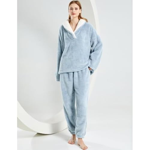 Gihuo Women' s Fluffy Pajamas Set Fleece Pullover Pants Loose Plush Sleepwear 2 Piece Pjs Set Warm Loungewear Fuzzy