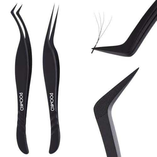 Lash Extension Tweezers, Professional Fiber Tip Lash Tweezer Set for Classic & Volume Lashes, High Precision Eyelash Tweezers Kit? Black Set of 2, Ideal for Lashes Artists