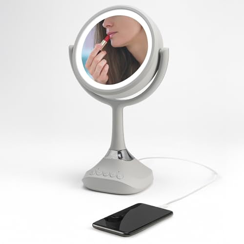 Homewerks 76-101-BT 7.5-inch Personal Makeup Mirror with Bluetooth Speakers and LED Lighting, Handheld Bluetooth Vanity Mirror with Lights for Bathrooms, Bedrooms, or Dorm Room Essentials