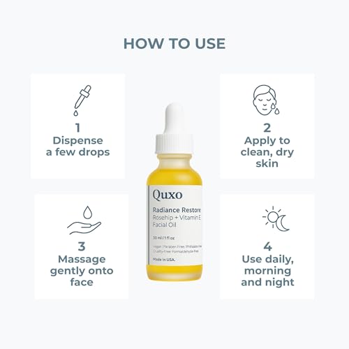 Quxo Radiance Restore Rosehip & Vitamin E Facial Oil for Face, Neck & D?collet? ? Lightweight Nourishing Formula ? Non-Greasy, Fast-Absorbing, Vegan, Fragrance-Free ? 30ml