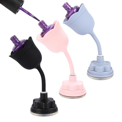 Nail Polish Bottle Holder, Rose-Shaped with 360¡Æ Rotating Stem, Tilted for No-Spill, Strong Suction Cup, All-Bottle Fit (3-Pack Pink/Black/Blue)