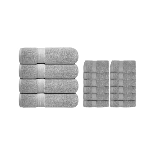 Infinitee Xclusives Grey Luxury Towel Set - 4 Bath Towels (27x54, 600 GSM) + 12 Washcloths (13x13) - Soft, Absorbent, Quick-Drying 100% Cotton Bundle for Bathroom, Gym, Spa, and Skincare Use