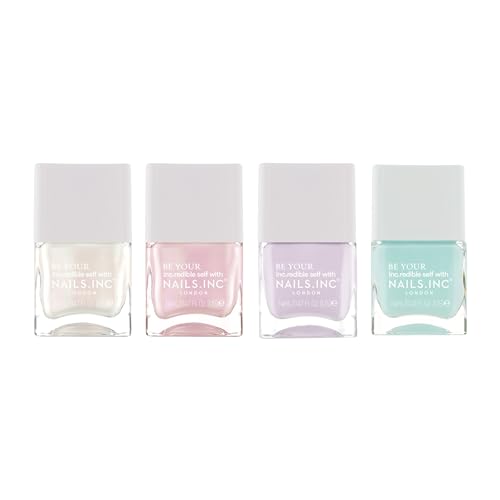 Nails Inc The Glow Story Nail Polish Set, Hyaluronic Acid, Glossy, No Chip, Long Lasting, Quick Dry, Air Dry, Professional Manicures & Pedicures, Fingernails & Toenails, Vegan Nail Polish, 4 Piece Set