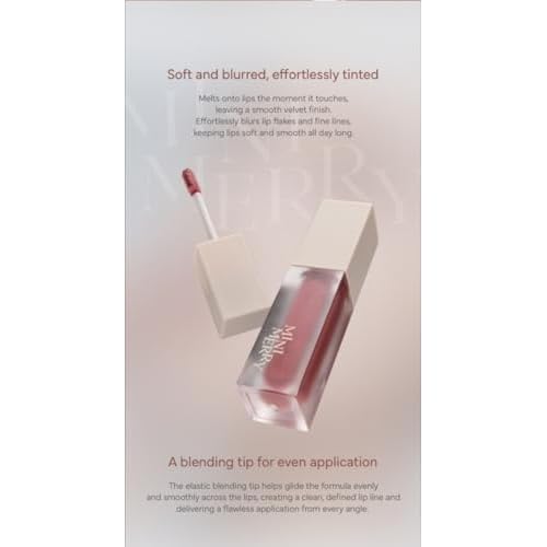 MINIMERRY Velvet Blending Tint - Korean Matte Liquid Lipstick, Blur & Fudge Finish, Weightless Longwear Lip Stain for Soft Gradient Look, 5 g / 0.17 oz., (03 RASPBERRY)