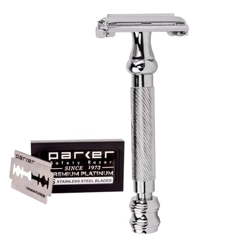Parker 99R Chrome Long Handle Heavyweight Butterfly Open Double Edge Safety Razor for Men | 5 Parker Premium Platinum Double Edge Razor Blades Included | Iconic Brand