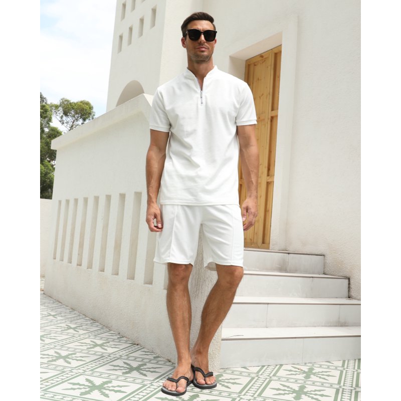 Men's Casual 2-Piece Tracksuit Set with Zip Shirt and Shorts for Beach, Golf, and Sport