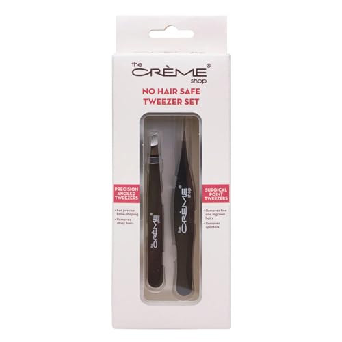 The Cr?me Shop No Hair Safe Tweezer Set - Eyebrow Tweezers for Women - Angled & Pointed Tip Tweezers for Great Precision - For Eyebrows, Facial Hair and Ingrown Hair (Pack of 2) (Black & Silver)