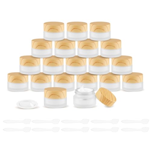 20 Pcs Frosted Glass Jars Reusable Cosmetic Canning Container with Wood Grain Lid for Lip Scrub Cream Lotion Ointments Powder - 5g/0.17oz