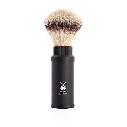 M?HLE Travel Black Aluminum Silvertip Fibre Shaving Brush - Portable Synthetic Luxury Shave Brush for Men, Rich Lather
