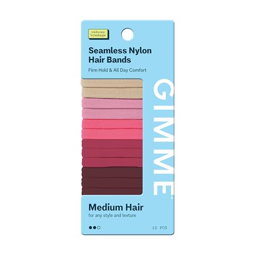 Gimme Beauty Medium Hair Bands Seamless Nylon - Low Profile Hair Accessory - Snag Free Tie for Firm, Lasting Hold - Soft, Non-Slip Ponytail Holder for Women - Pink, Burgundy, & Blonde, 12 Pack