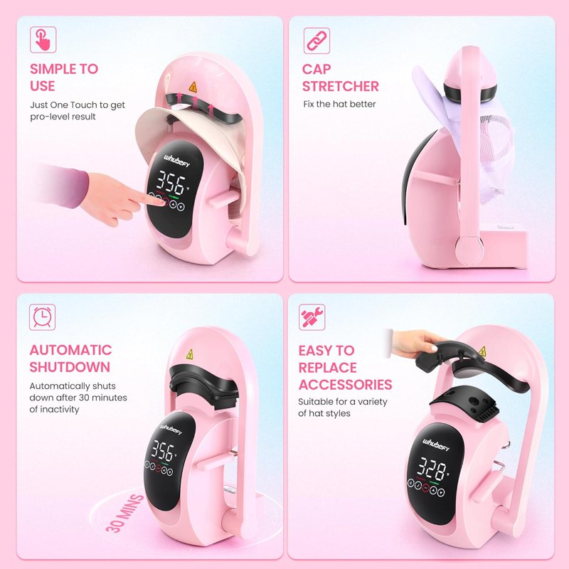 3-in-1 Cap Heat Press Machine with Replaceable Heating Pads - Pink