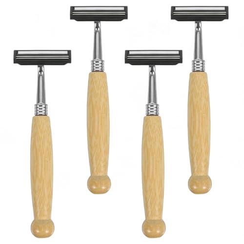 4Pcs Bamboo Single Blade Razors Double Edge Safety Razor Eco-Friendly Handmade Long Natural Bamboo Handle Stainless Steel Safety Shaving Men's Shaving Kit