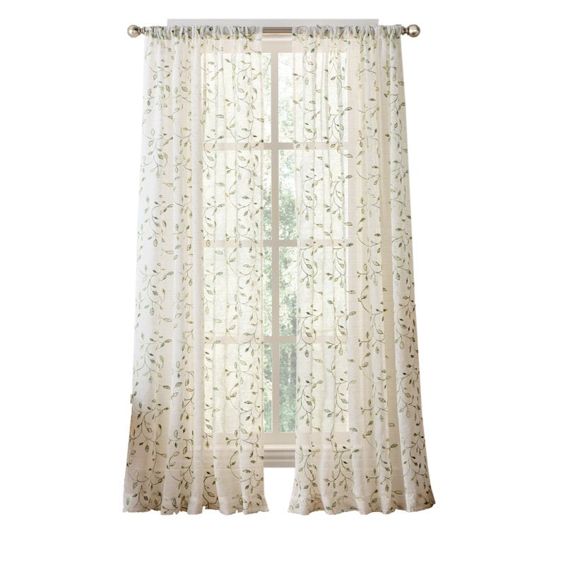 Embroidery Sheer Curtain Panel Pair - White & Green, Rod Pocket, 2 Pieces, Custom Sizes