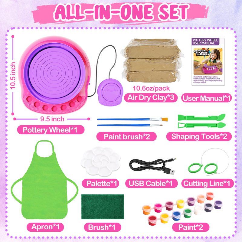 Kids Pottery Wheel Kit for Ages 6+ with Clay Sculpting & Painting Supplies