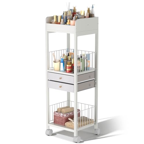 Makeup Organizer Storage Cart, Rolling Floor Skincare Organizer with 2 Drawers, Makeup Vanity Organizer Cosmetics Display Cases Holder for Skin Care, Perfume, Makeup Brush, Nail Polish, Hair Tools