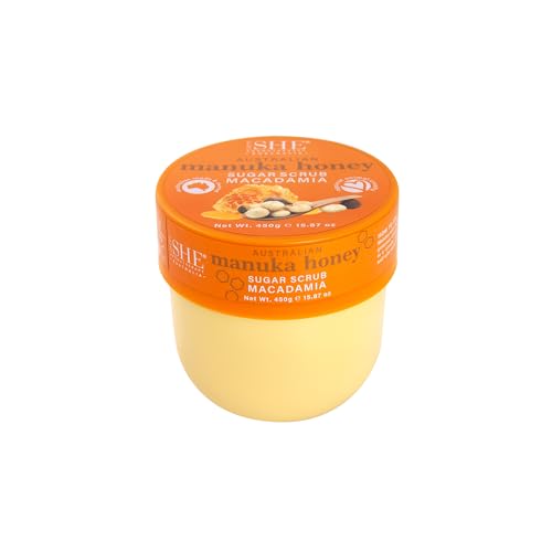 Om SHE Aromatherapy Manuka Honey Sugar Scrub with Macadamia 15.87oz - Exfoliating Body Scrub, Natural Sugar, Micro Bead Free, Rosehip Oil. Australian made.